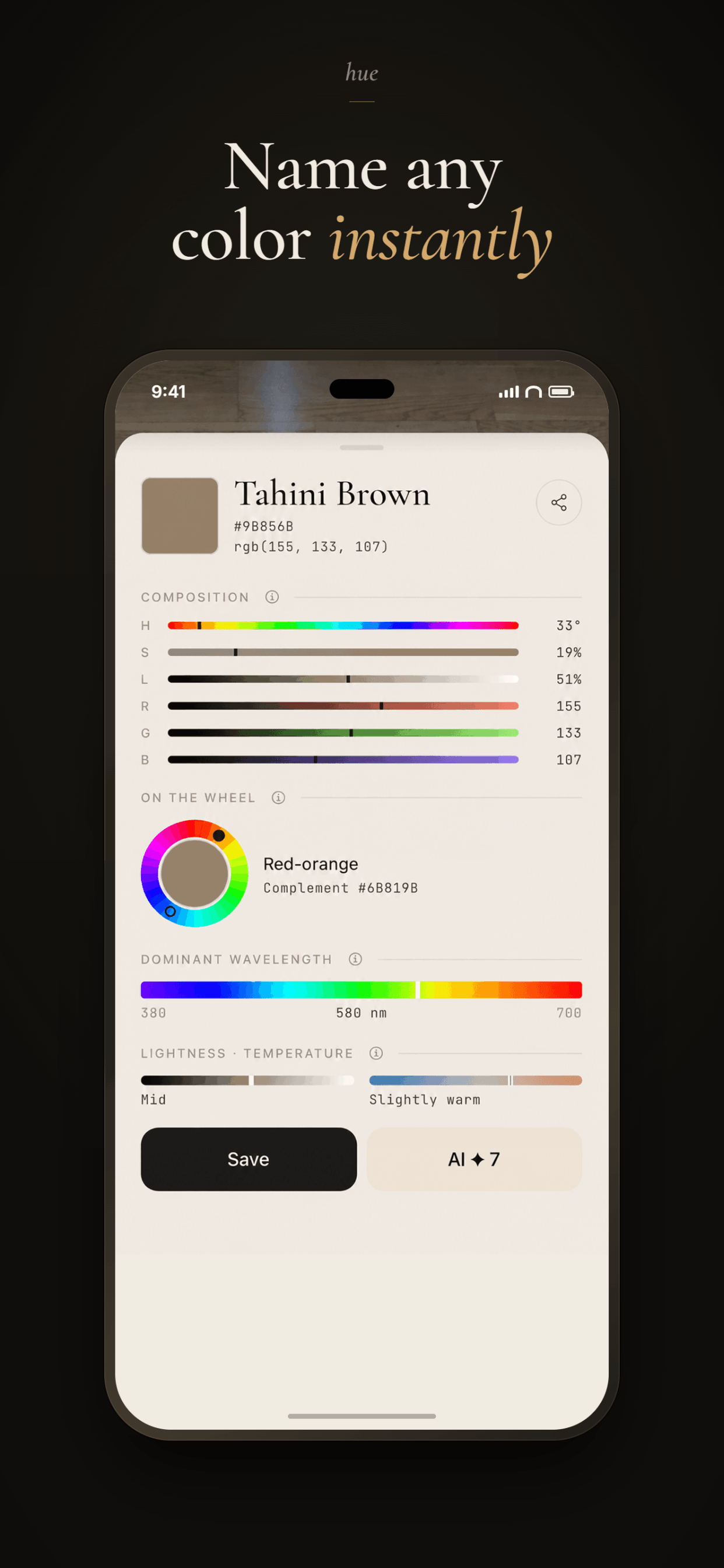 hue color identifier — color card with name, HEX, RGB and HSL composition