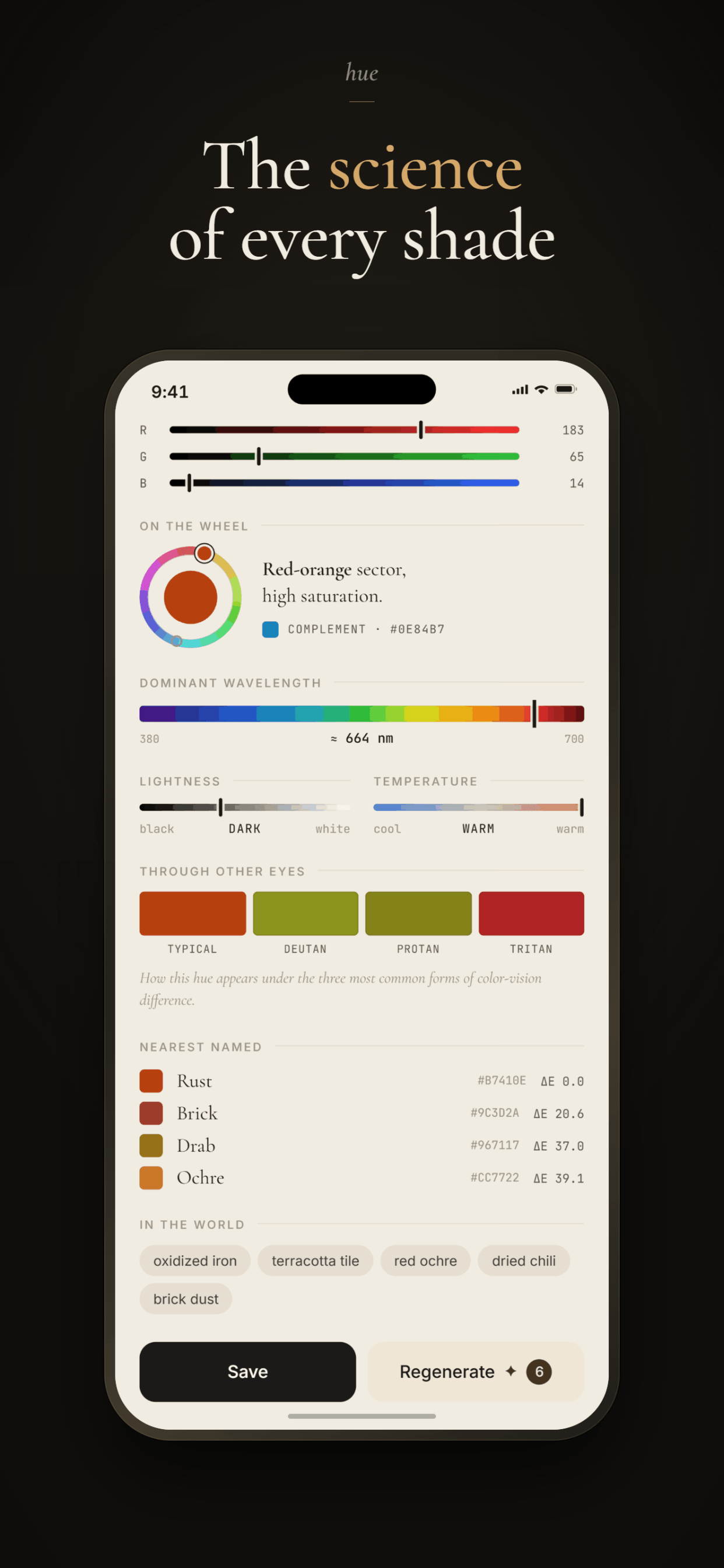 hue — full color analysis: color wheel, wavelength, colorblind preview and nearest named colors