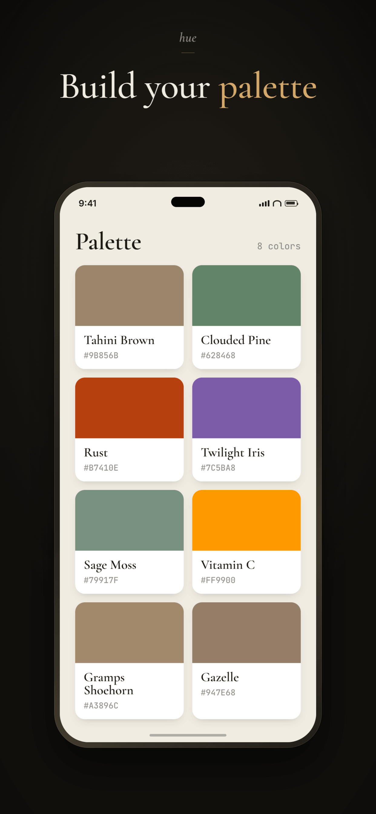 hue — saved color palette with names and HEX values