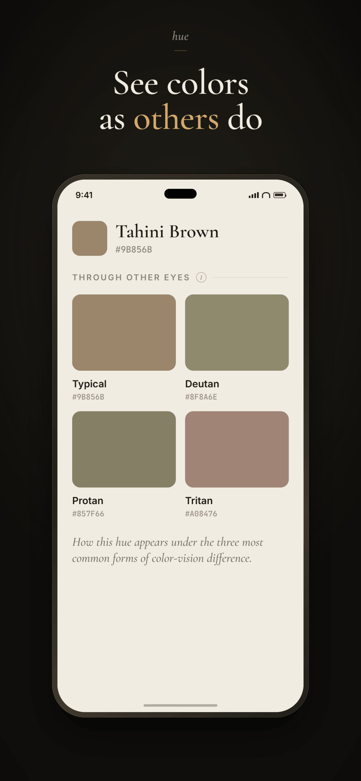 hue — colorblind preview: deutan, protan and tritan
