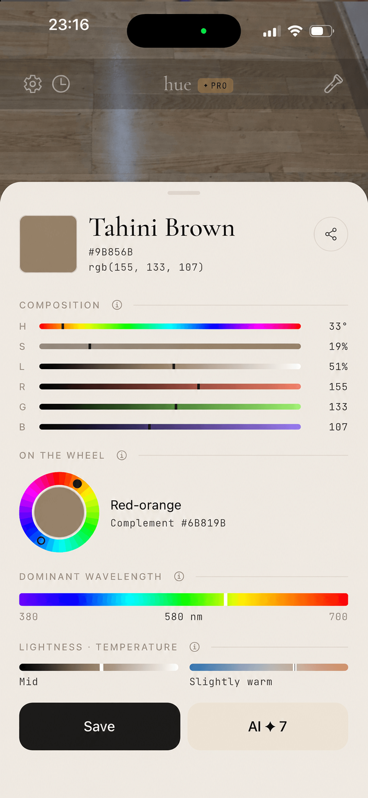 hue — color detail card with HEX and RGB